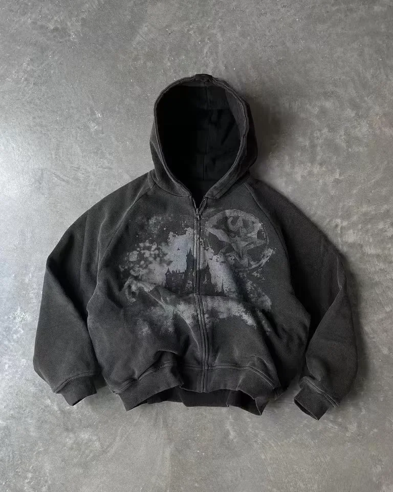Vintage Portrait Print White Zip Hoodie Y2K Hip Hop Streetwear Embroidery Hood Sweatshirt Autumn Winter Warm coat Men Clothing