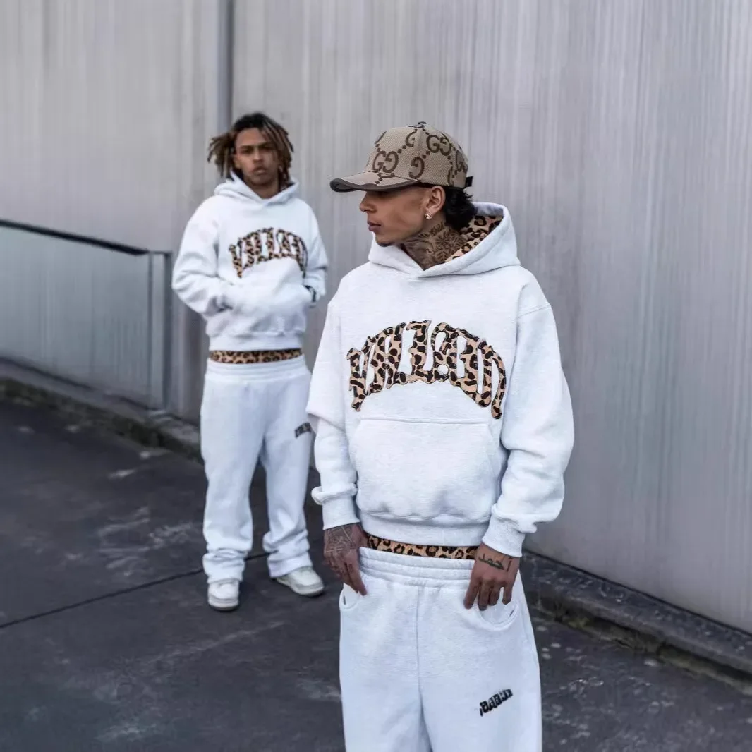 Y2K Fashion leopard High street print letter embroidered men sportswear suit American casual retro hoodie trend loose clothing