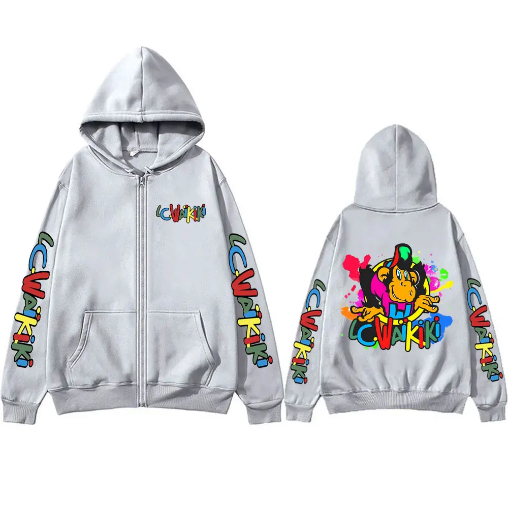 Lc Waikiki Monkey Graphic Zip Up Hoodie Male Funny Cartoon Monkeys Print Zipper Jacket Men Women Fashion Brand Oversized Hoodies