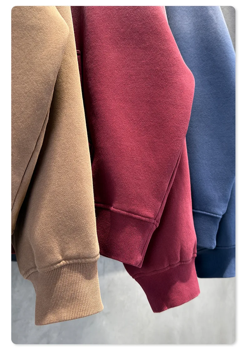 Vintage Navy Blue Spray Wash Plush Hoodies for Men Oversized Fleece Hooded Pullover Autumn and Winter Cotton Clothing Warm