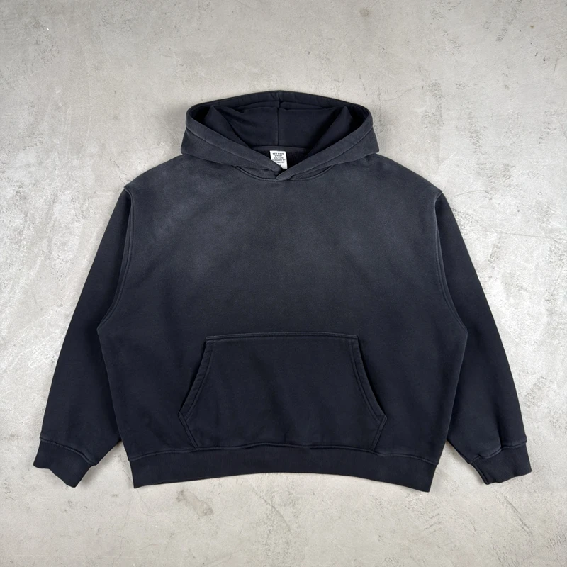 Vintage Navy Blue Spray Wash Plush Hoodies for Men Oversized Fleece Hooded Pullover Autumn and Winter Cotton Clothing Warm