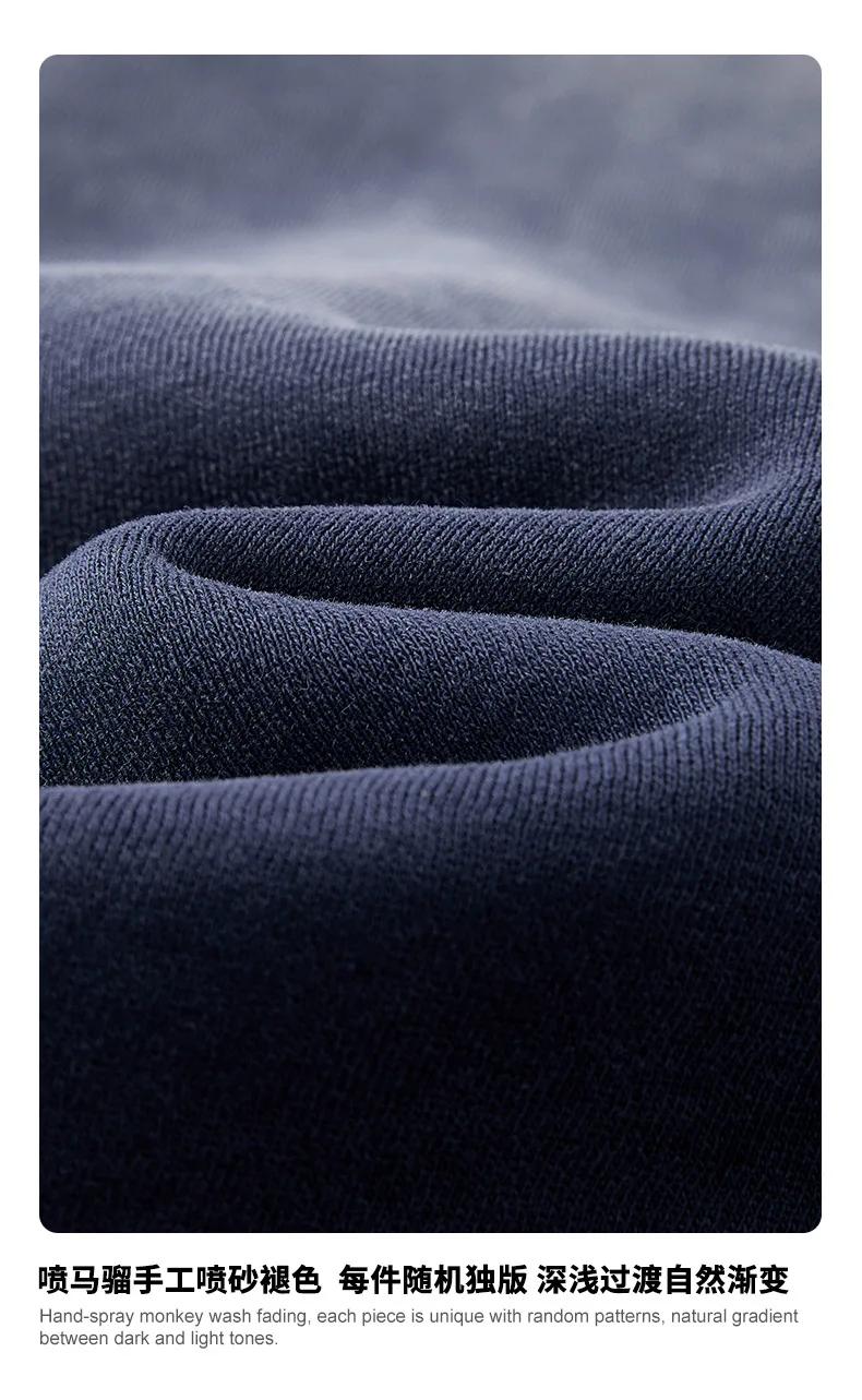 Vintage Navy Blue Spray Wash Plush Hoodies for Men Oversized Fleece Hooded Pullover Autumn and Winter Cotton Clothing Warm