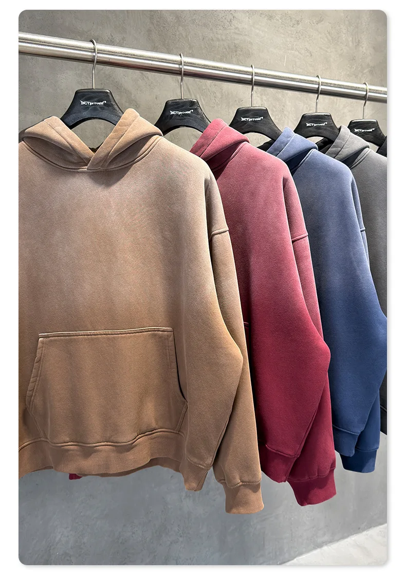 Vintage Navy Blue Spray Wash Plush Hoodies for Men Oversized Fleece Hooded Pullover Autumn and Winter Cotton Clothing Warm