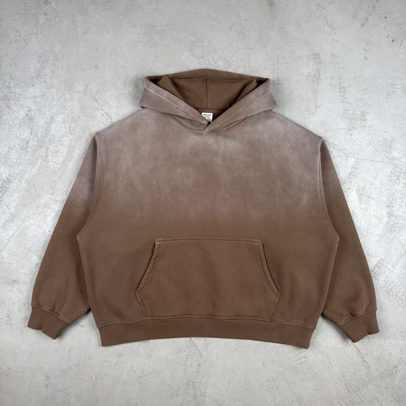 Vintage Navy Blue Spray Wash Plush Hoodies for Men Oversized Fleece Hooded Pullover Autumn and Winter Cotton Clothing Warm