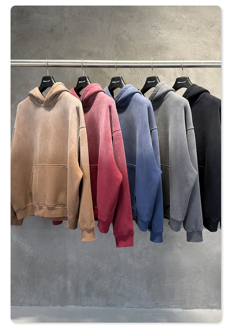 Vintage Navy Blue Spray Wash Plush Hoodies for Men Oversized Fleece Hooded Pullover Autumn and Winter Cotton Clothing Warm