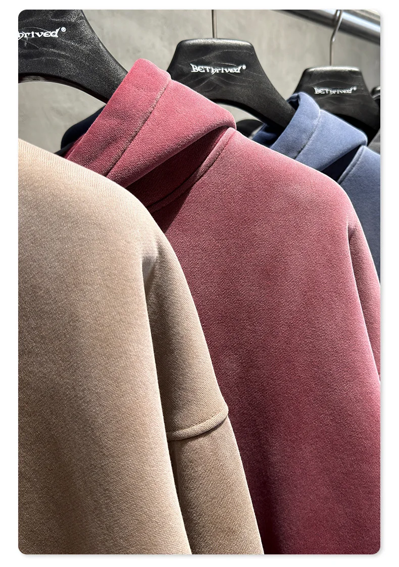 Vintage Navy Blue Spray Wash Plush Hoodies for Men Oversized Fleece Hooded Pullover Autumn and Winter Cotton Clothing Warm
