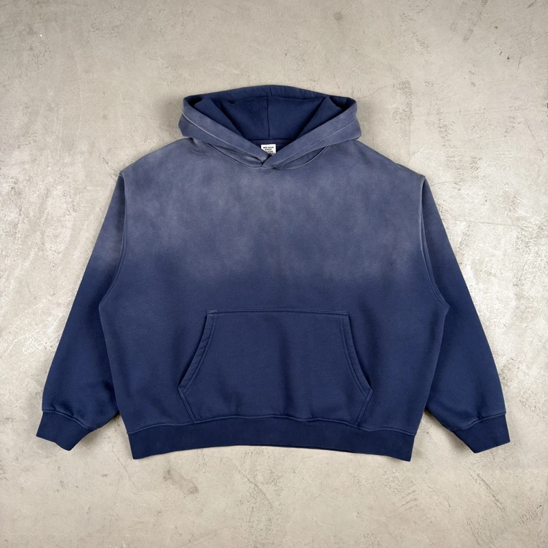 Vintage Navy Blue Spray Wash Plush Hoodies for Men Oversized Fleece Hooded Pullover Autumn and Winter Cotton Clothing Warm