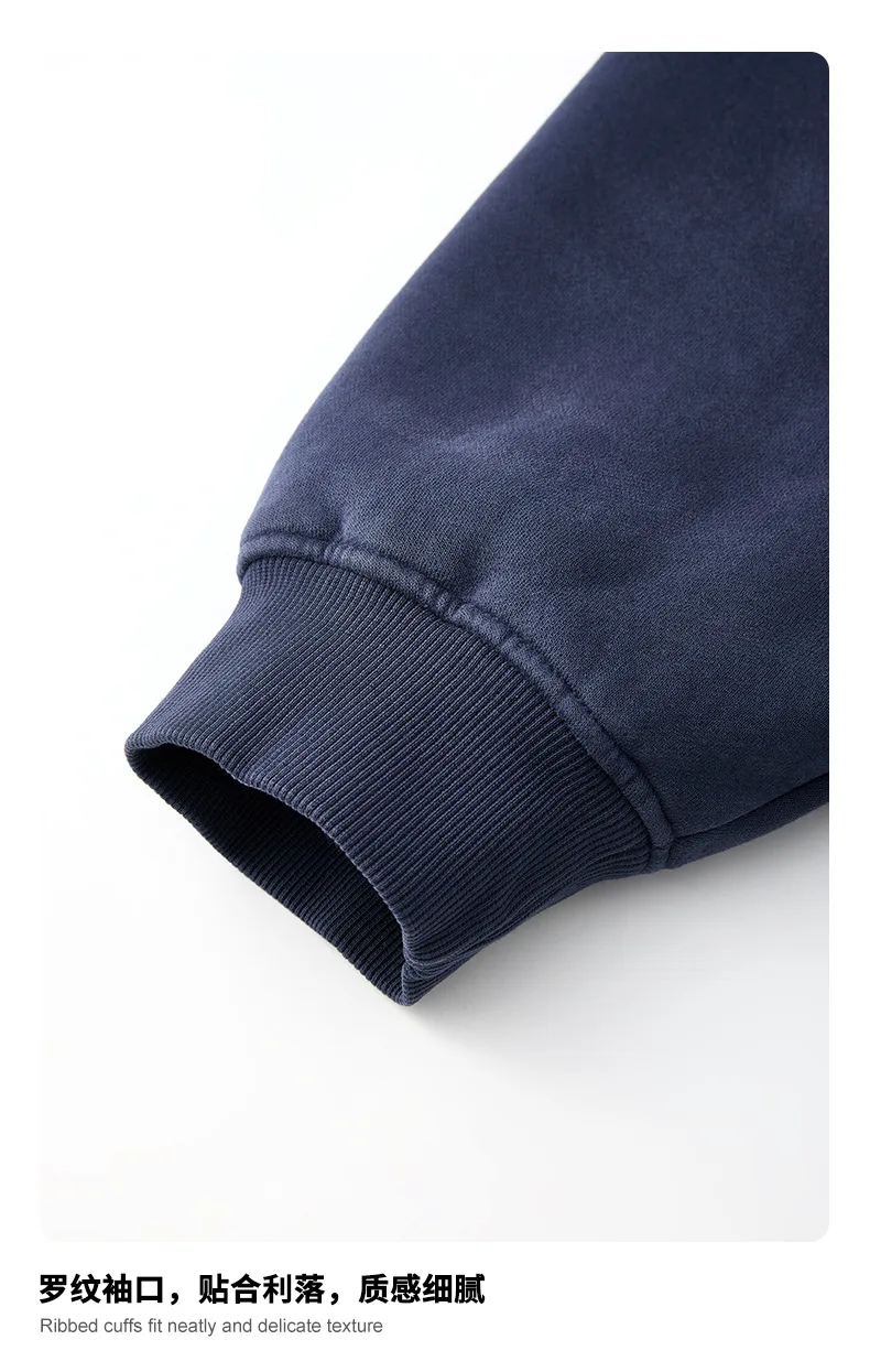 Vintage Navy Blue Spray Wash Plush Hoodies for Men Oversized Fleece Hooded Pullover Autumn and Winter Cotton Clothing Warm