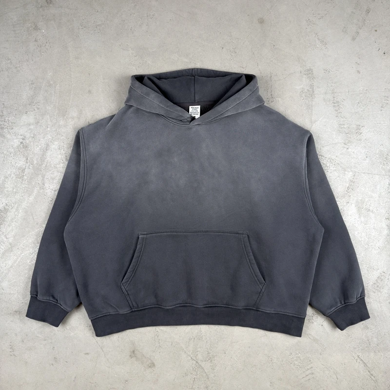 Vintage Navy Blue Spray Wash Plush Hoodies for Men Oversized Fleece Hooded Pullover Autumn and Winter Cotton Clothing Warm