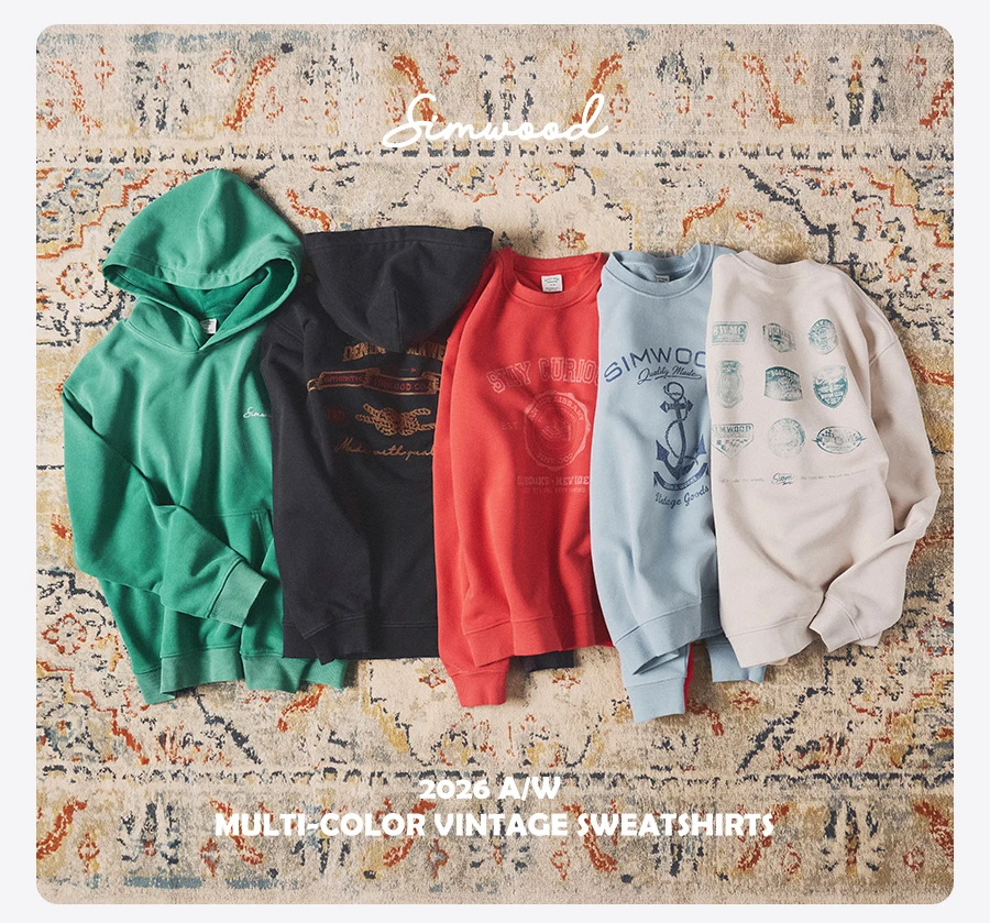 SIMWOOD 2026 Autumn Winter New Oversize Men's 380gsm Heavyweight Fleece Sweatshirt Vintage Washed Graphic Print Pullover