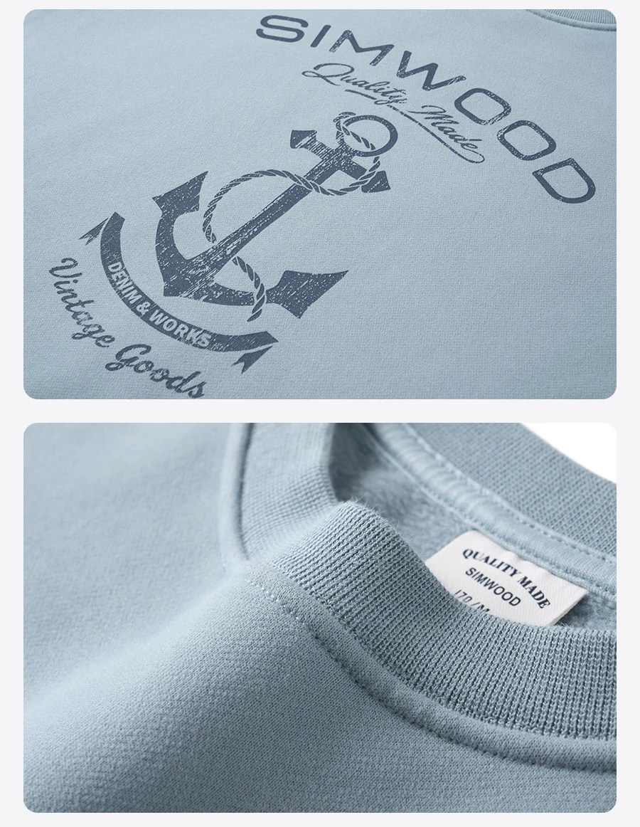 SIMWOOD 2026 Autumn Winter New Oversize Men's 380gsm Heavyweight Fleece Sweatshirt Vintage Washed Graphic Print Pullover