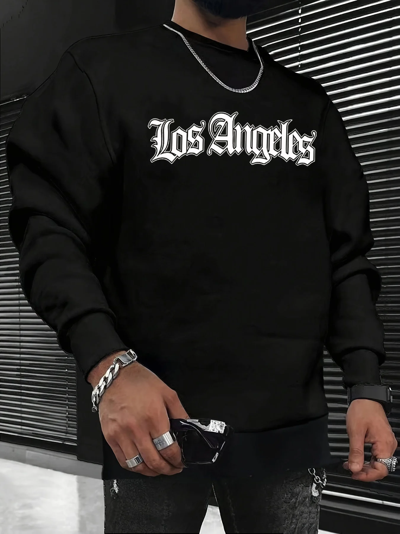 Men's Autumn and Winter Fashionable Casual Loose Los Angeles Letter Graphic Printed Long Sleeved Round Neck Sweatshirt