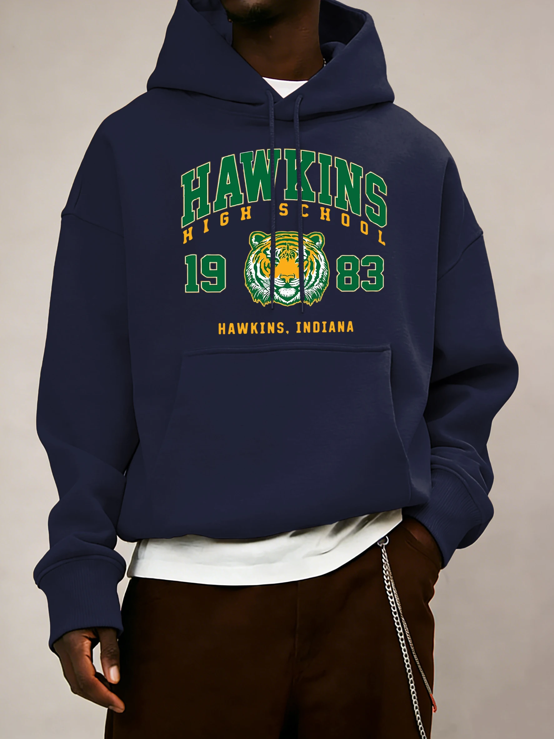 Hawkins High School 1983 Prints Men Hoodie Autumn Pocket Sportswear Loose Fleece Pullover 14 Colour Unisex Simple Long Sleeve