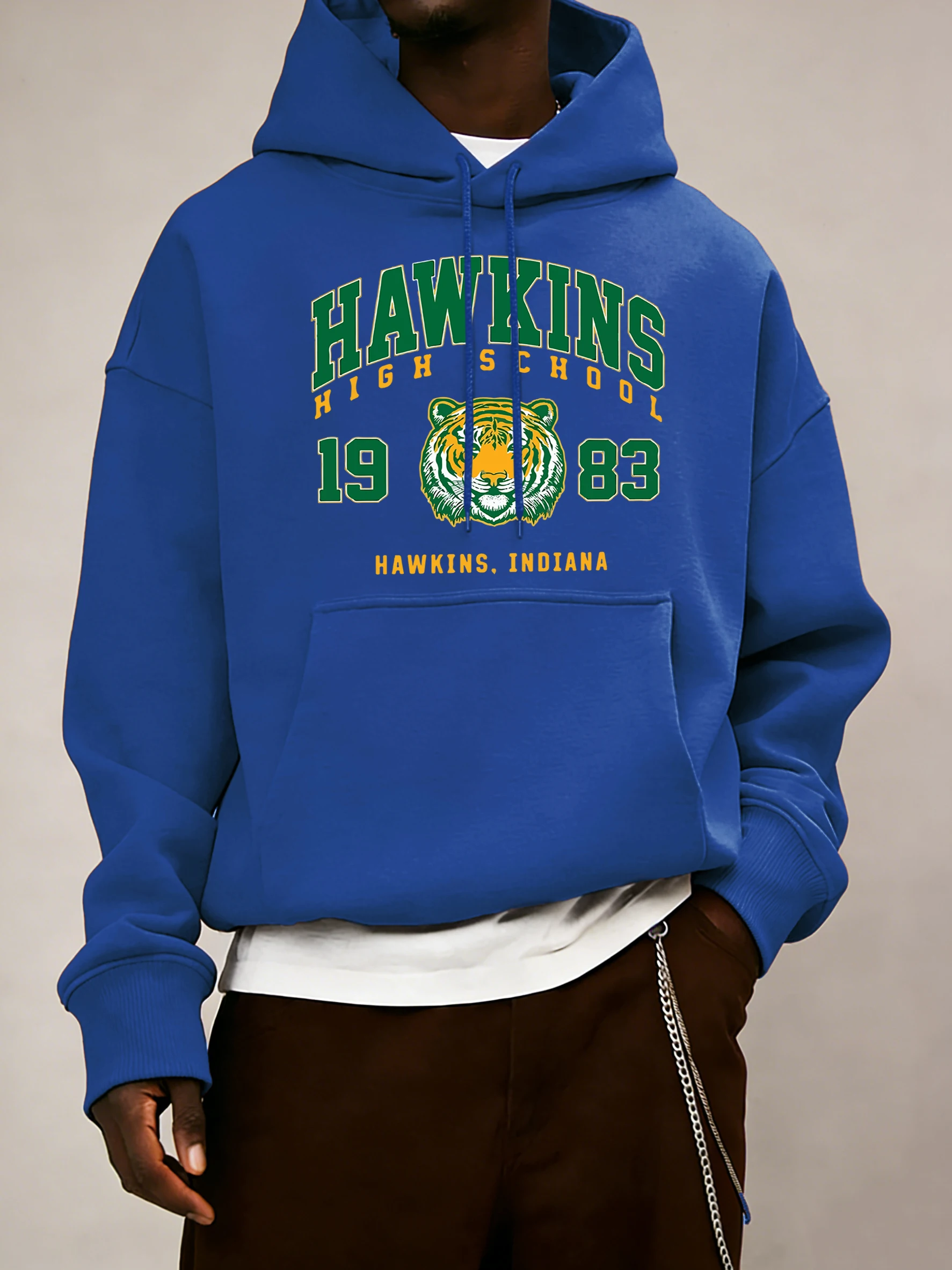 Hawkins High School 1983 Prints Men Hoodie Autumn Pocket Sportswear Loose Fleece Pullover 14 Colour Unisex Simple Long Sleeve