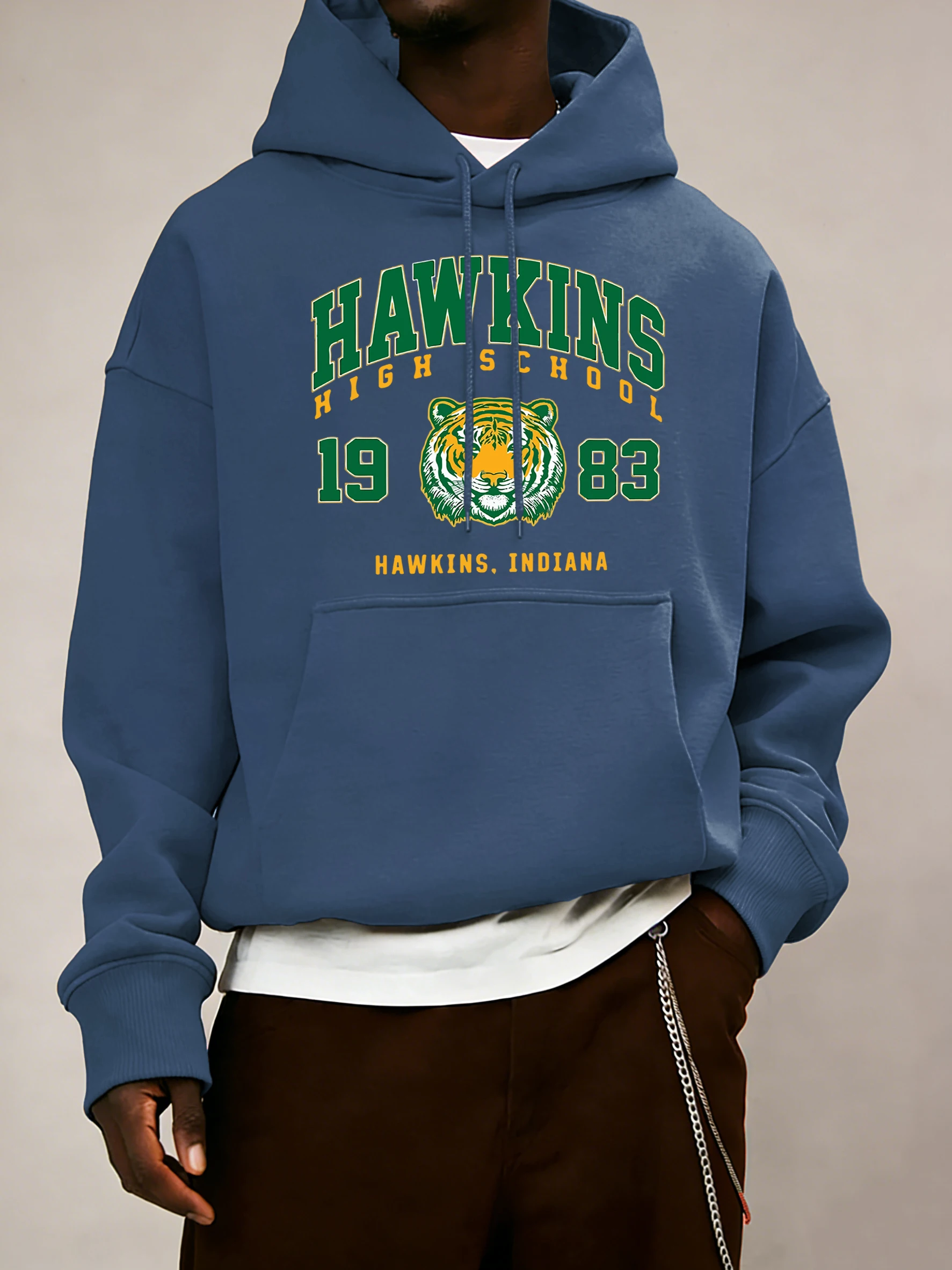 Hawkins High School 1983 Prints Men Hoodie Autumn Pocket Sportswear Loose Fleece Pullover 14 Colour Unisex Simple Long Sleeve