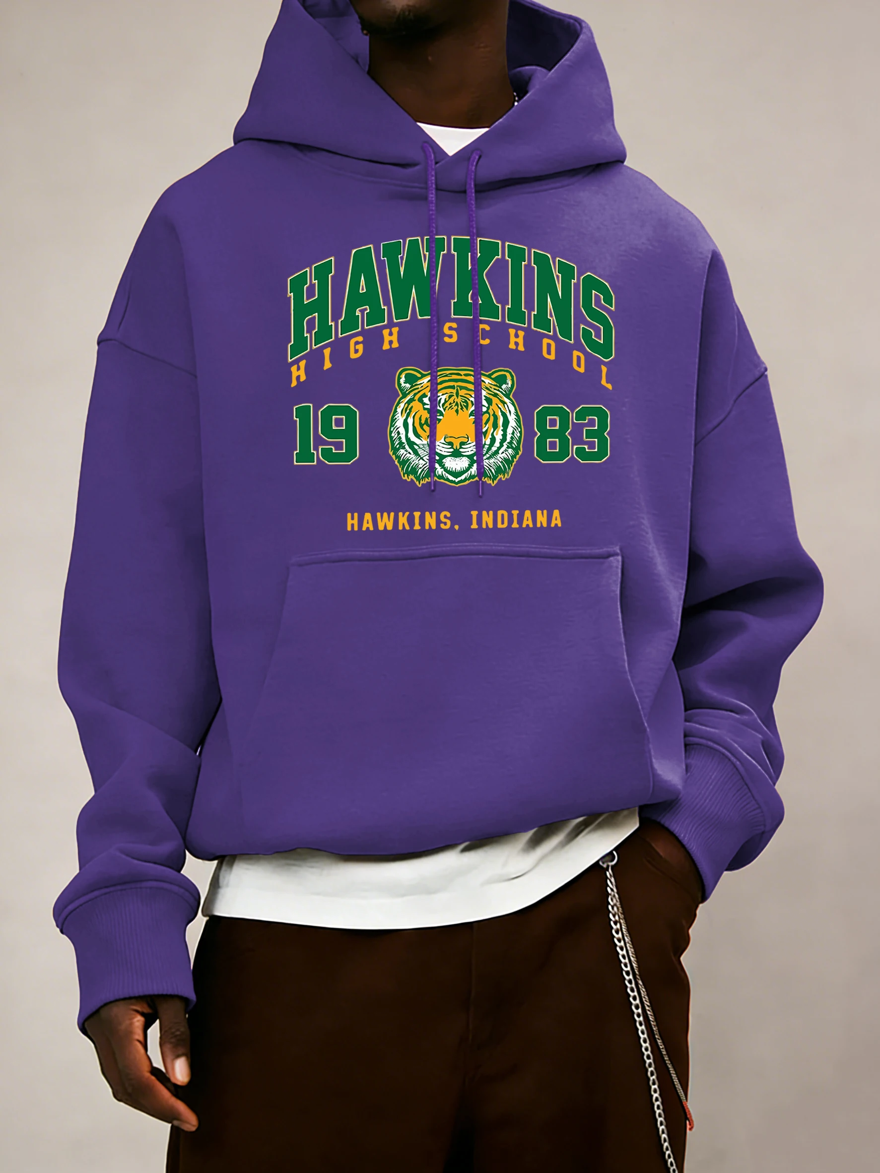 Hawkins High School 1983 Prints Men Hoodie Autumn Pocket Sportswear Loose Fleece Pullover 14 Colour Unisex Simple Long Sleeve