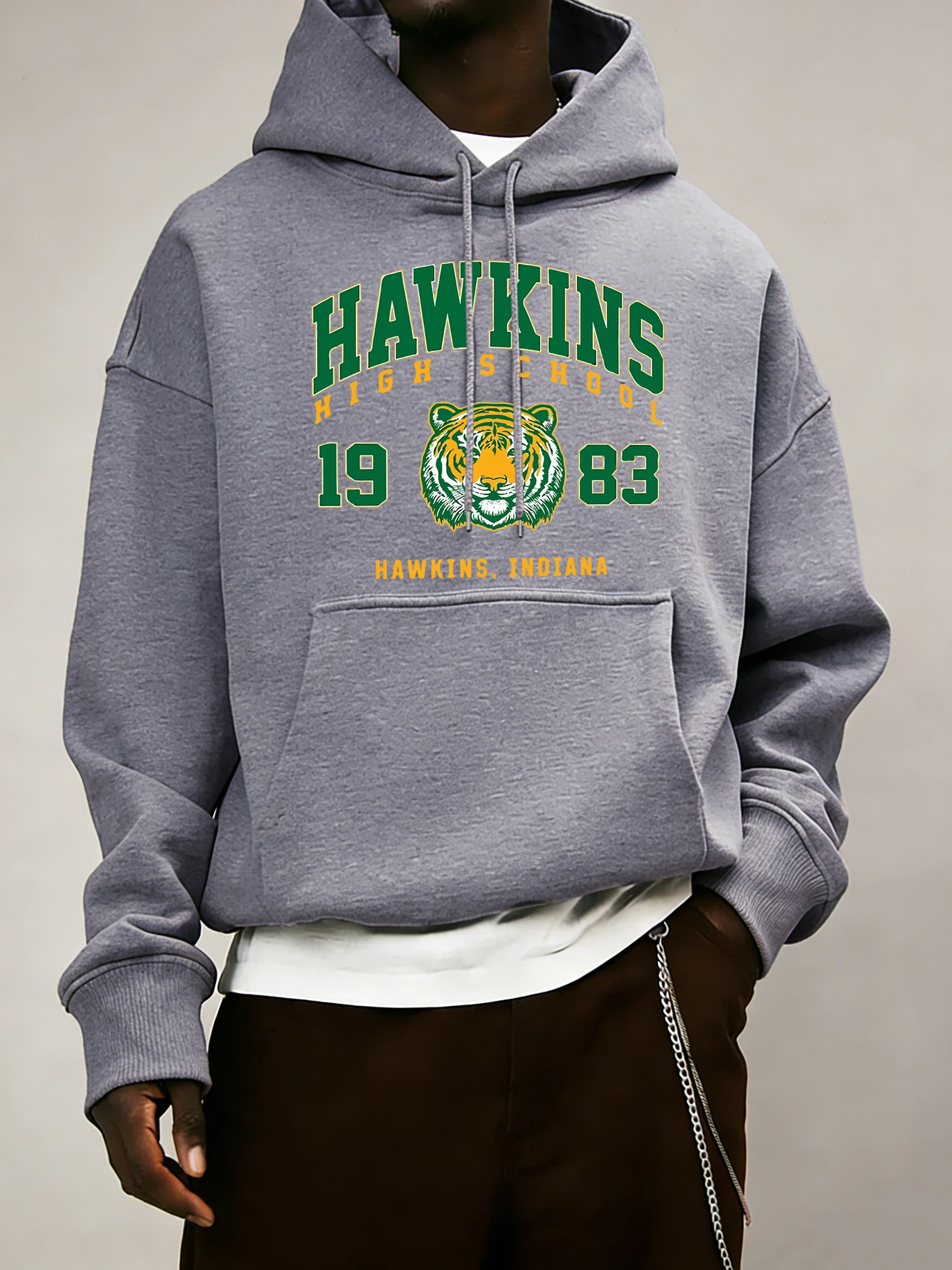 Hawkins High School 1983 Prints Men Hoodie Autumn Pocket Sportswear Loose Fleece Pullover 14 Colour Unisex Simple Long Sleeve