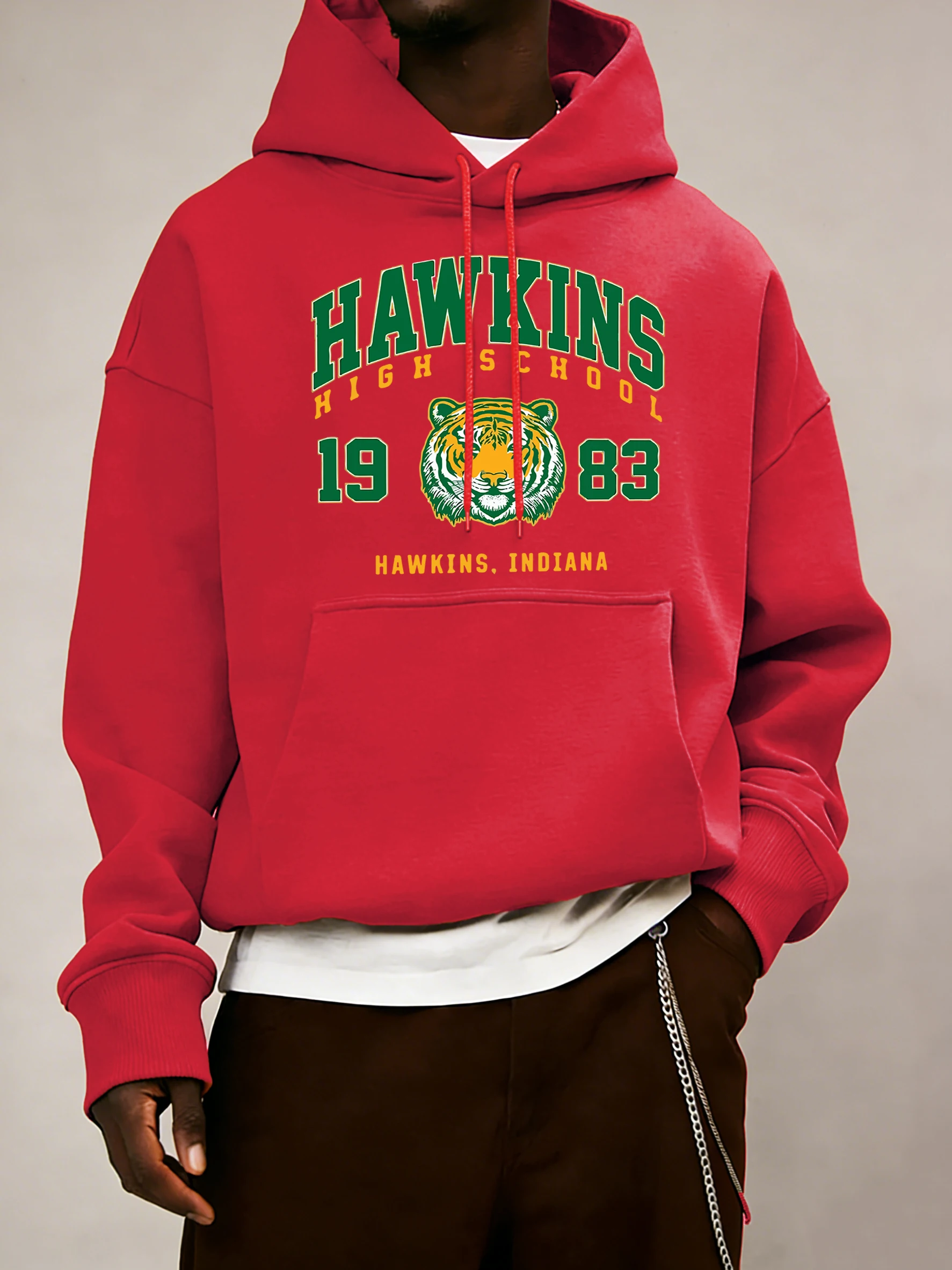 Hawkins High School 1983 Prints Men Hoodie Autumn Pocket Sportswear Loose Fleece Pullover 14 Colour Unisex Simple Long Sleeve
