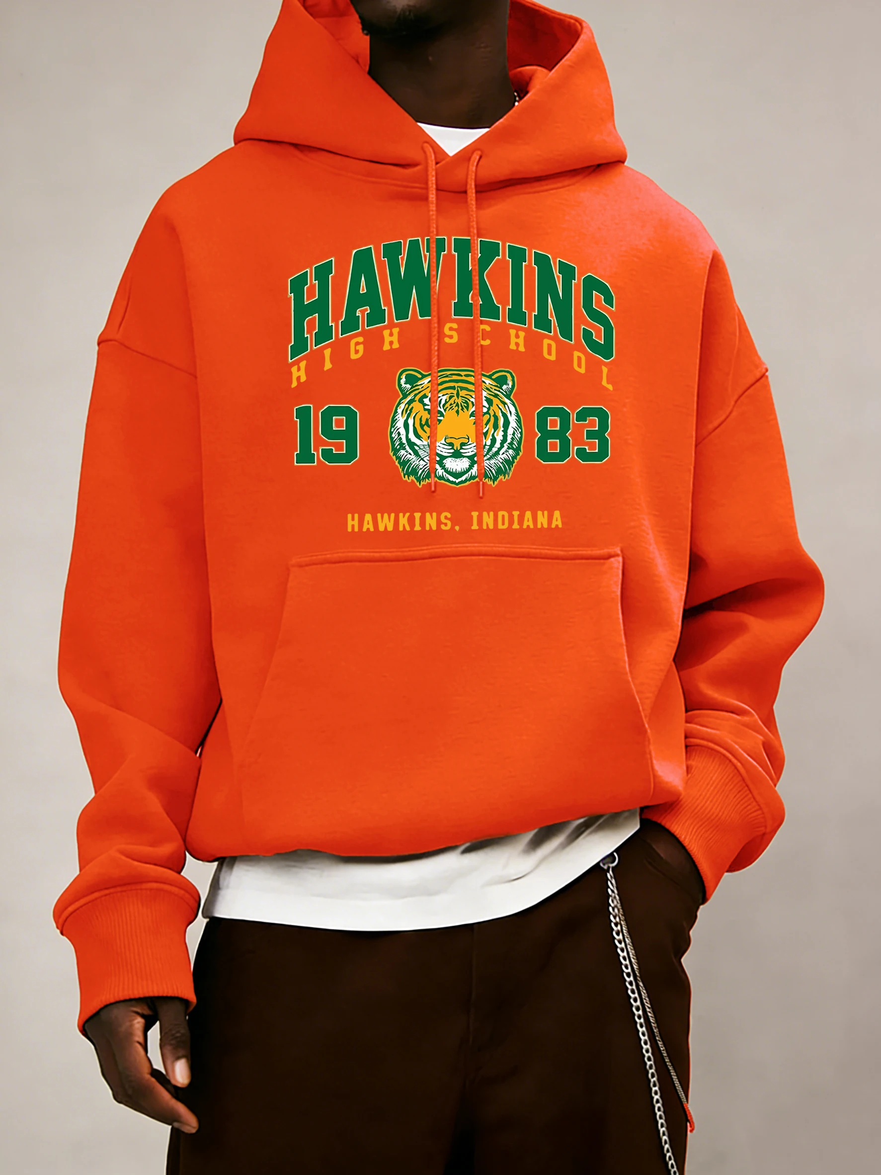 Hawkins High School 1983 Prints Men Hoodie Autumn Pocket Sportswear Loose Fleece Pullover 14 Colour Unisex Simple Long Sleeve