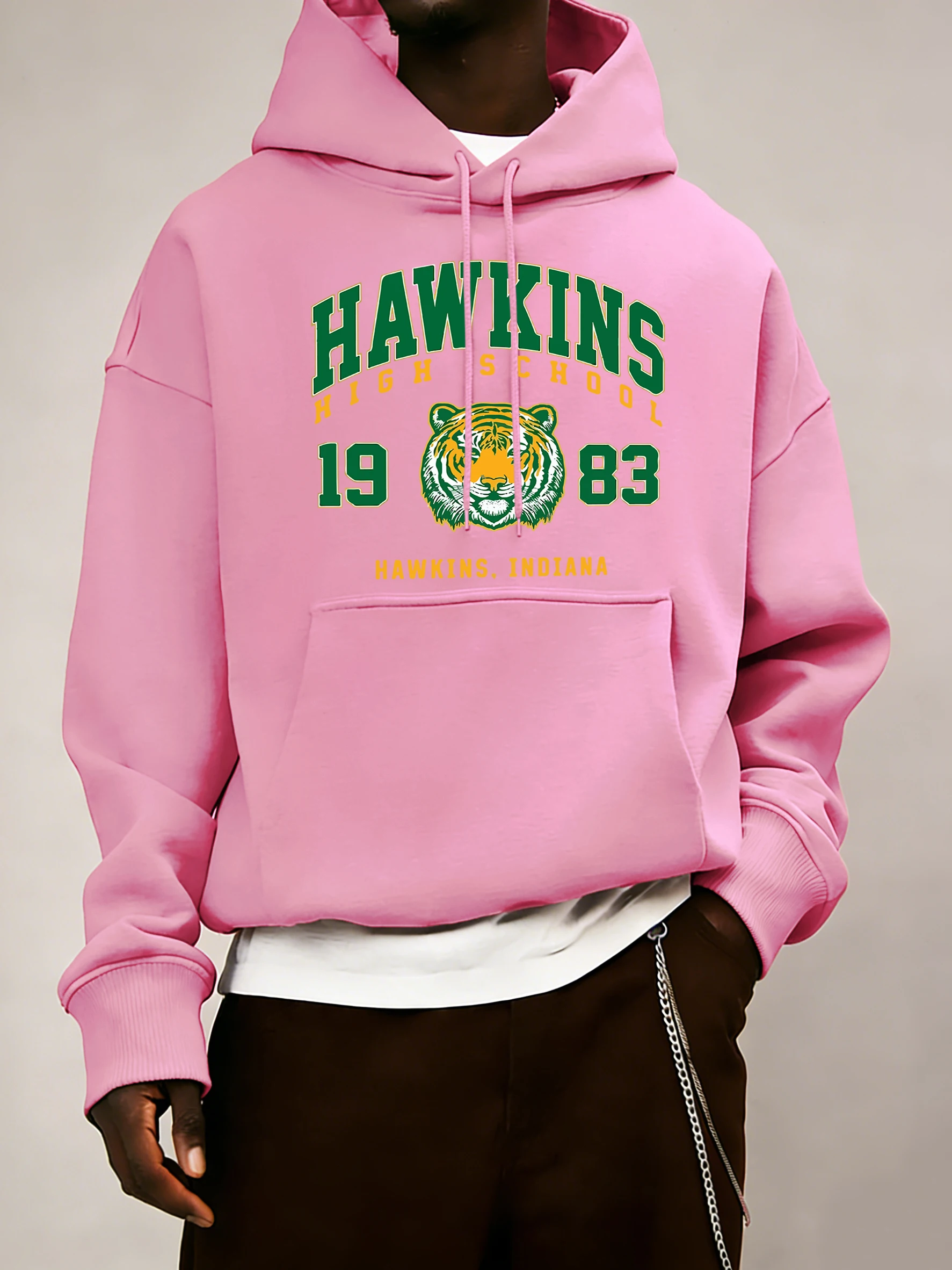Hawkins High School 1983 Prints Men Hoodie Autumn Pocket Sportswear Loose Fleece Pullover 14 Colour Unisex Simple Long Sleeve