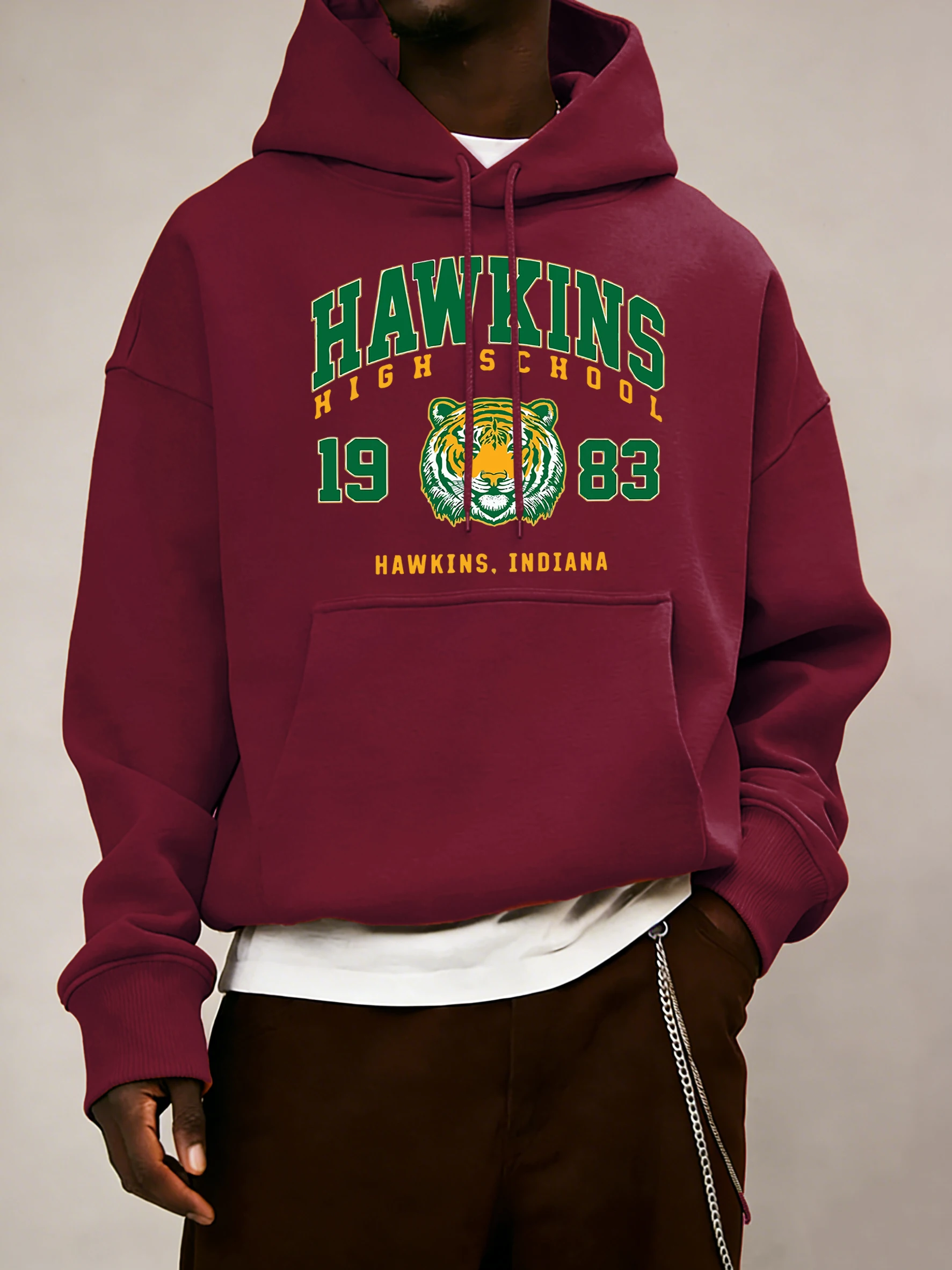 Hawkins High School 1983 Prints Men Hoodie Autumn Pocket Sportswear Loose Fleece Pullover 14 Colour Unisex Simple Long Sleeve