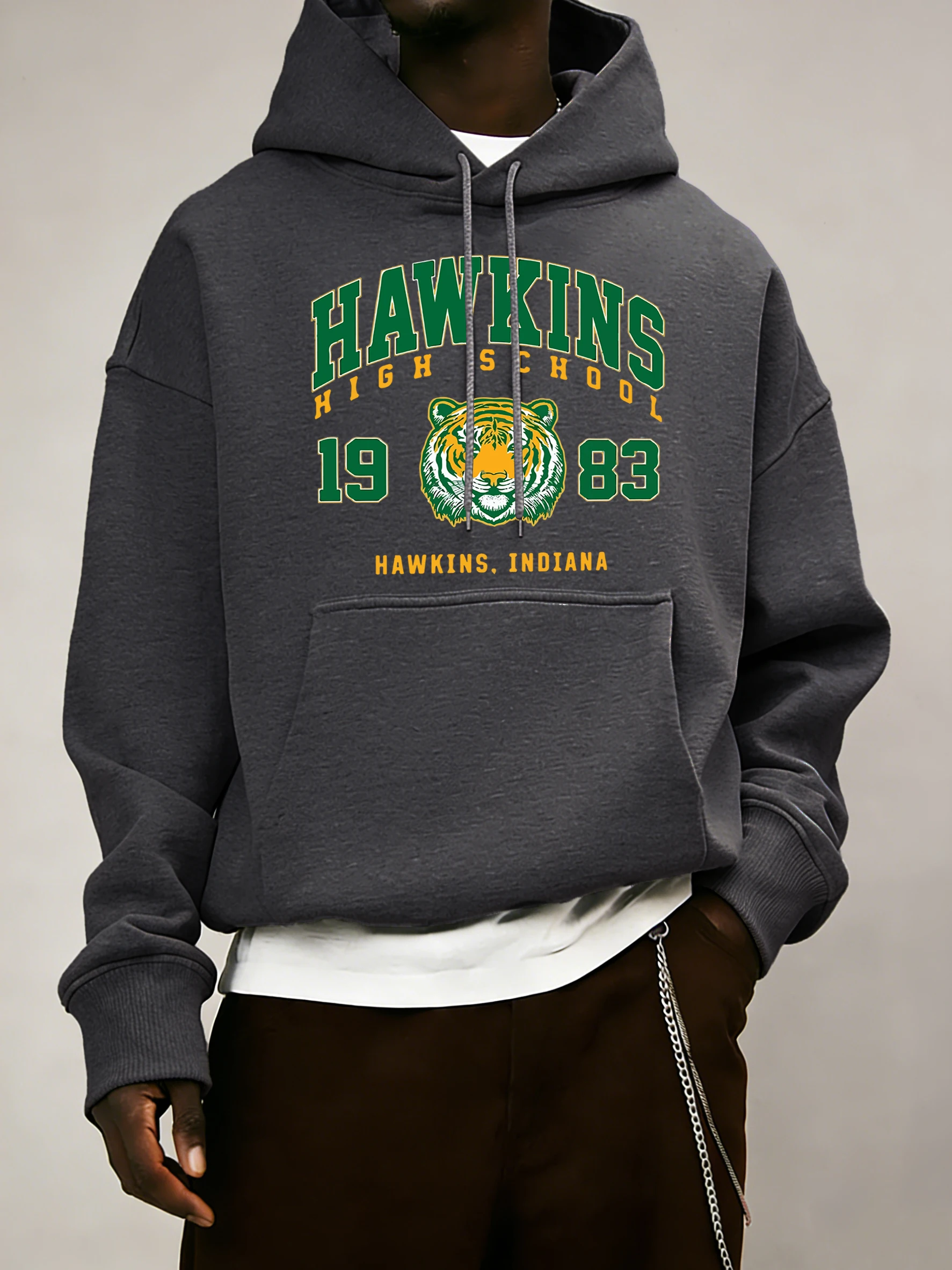 Hawkins High School 1983 Prints Men Hoodie Autumn Pocket Sportswear Loose Fleece Pullover 14 Colour Unisex Simple Long Sleeve