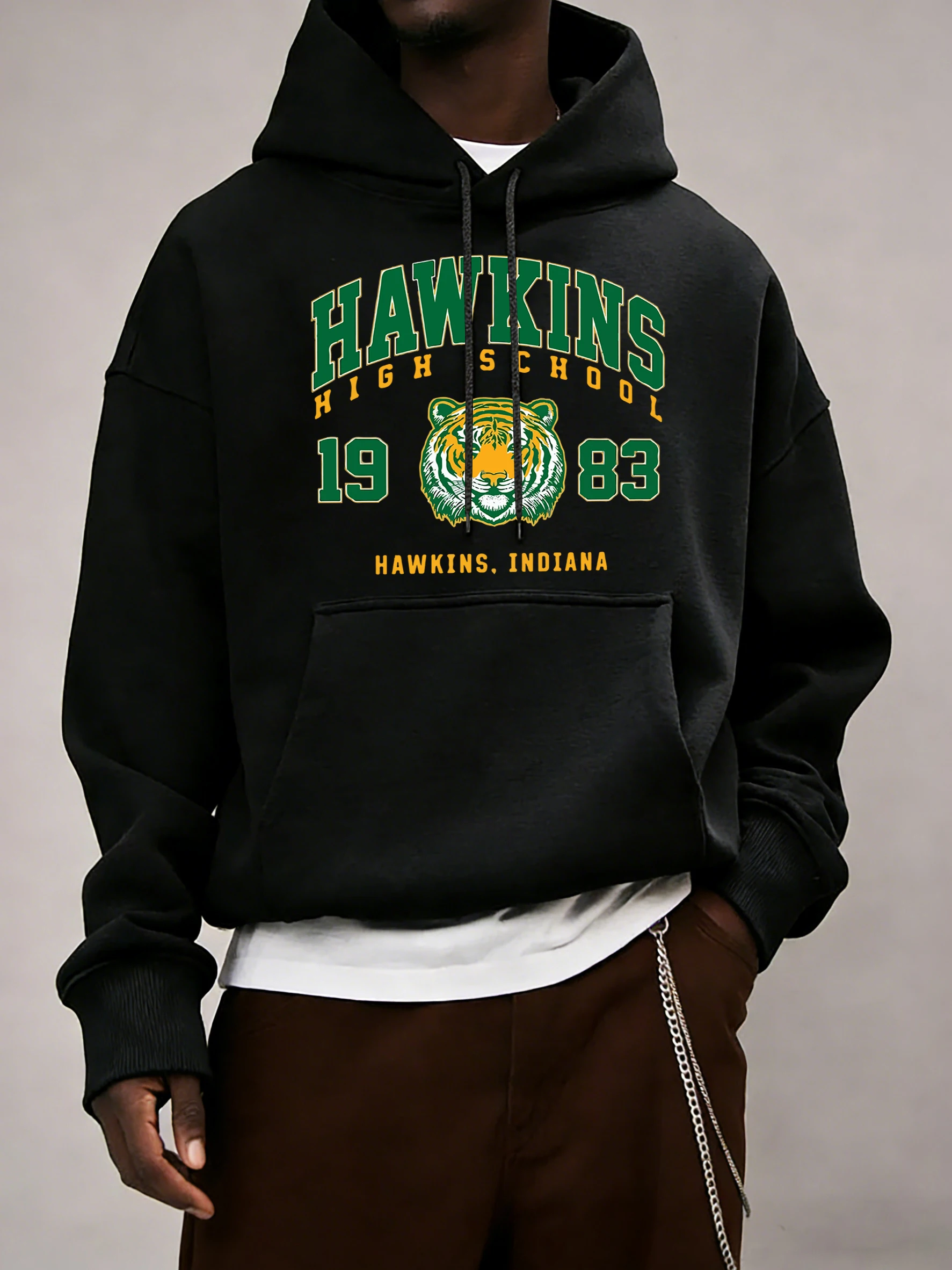 Hawkins High School 1983 Prints Men Hoodie Autumn Pocket Sportswear Loose Fleece Pullover 14 Colour Unisex Simple Long Sleeve
