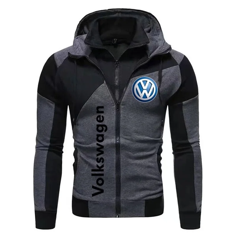 2025 Autumn/winter men's motorcycle jacket, Volkswagen logo printed men's sports hooded double zipper sweatshirt