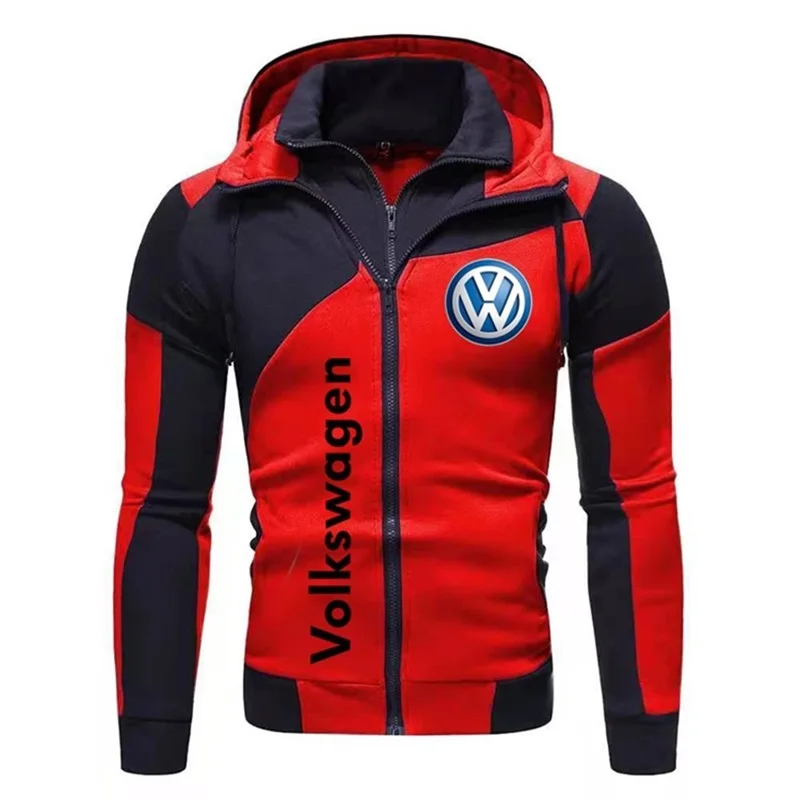 2025 Autumn/winter men's motorcycle jacket, Volkswagen logo printed men's sports hooded double zipper sweatshirt
