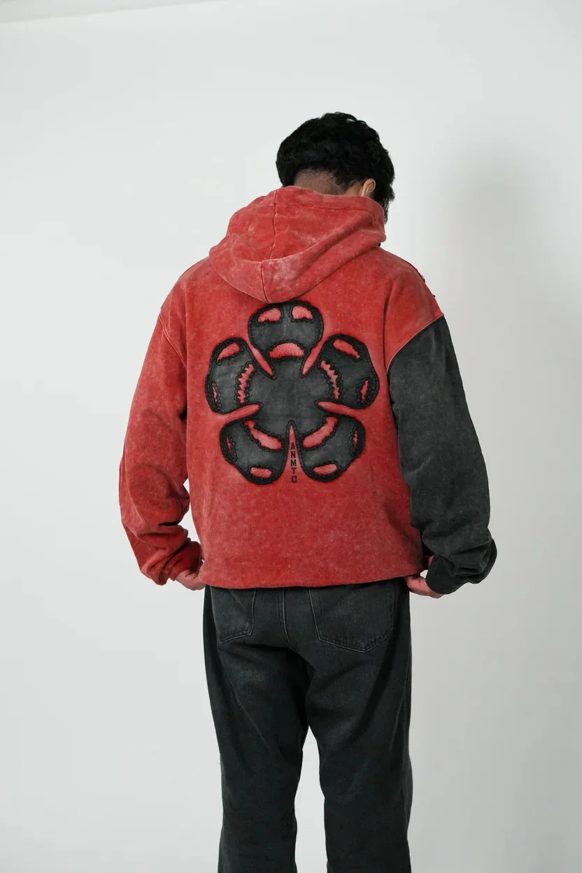 Y2K 5-Leaf Hoodie Men Women Retro Acid Wash Patchwork Heavyweight Embroidery Sweatshirt Punk Streetwear Oversize Loose Hoodie