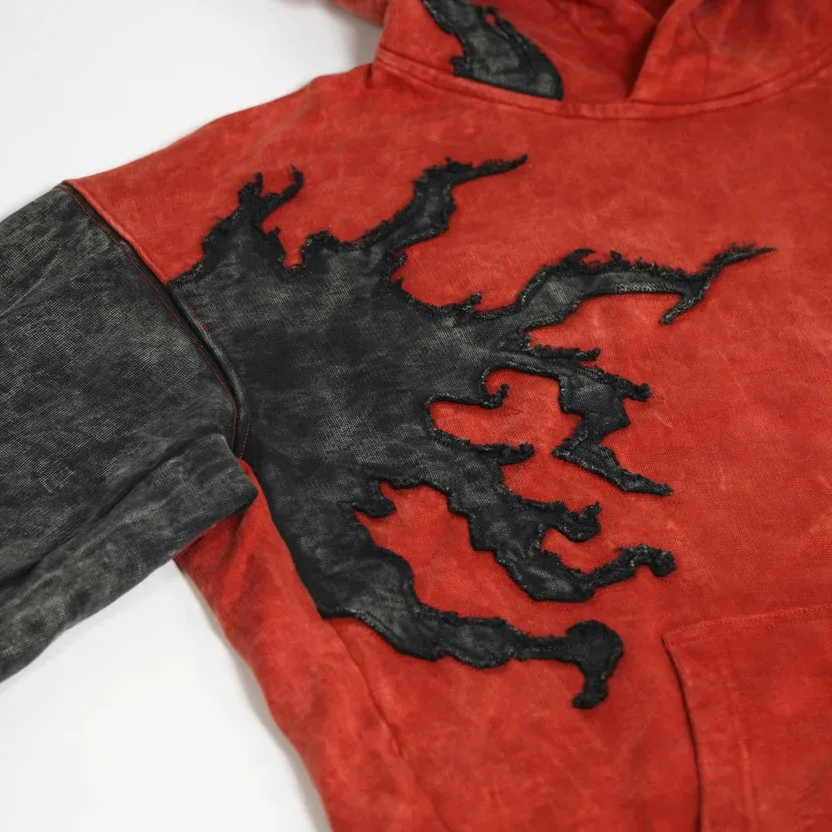Y2K 5-Leaf Hoodie Men Women Retro Acid Wash Patchwork Heavyweight Embroidery Sweatshirt Punk Streetwear Oversize Loose Hoodie