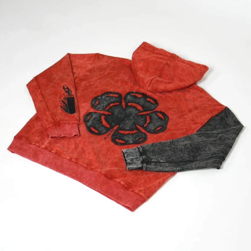 Y2K 5-Leaf Hoodie Men Women Retro Acid Wash Patchwork Heavyweight Embroidery Sweatshirt Punk Streetwear Oversize Loose Hoodie