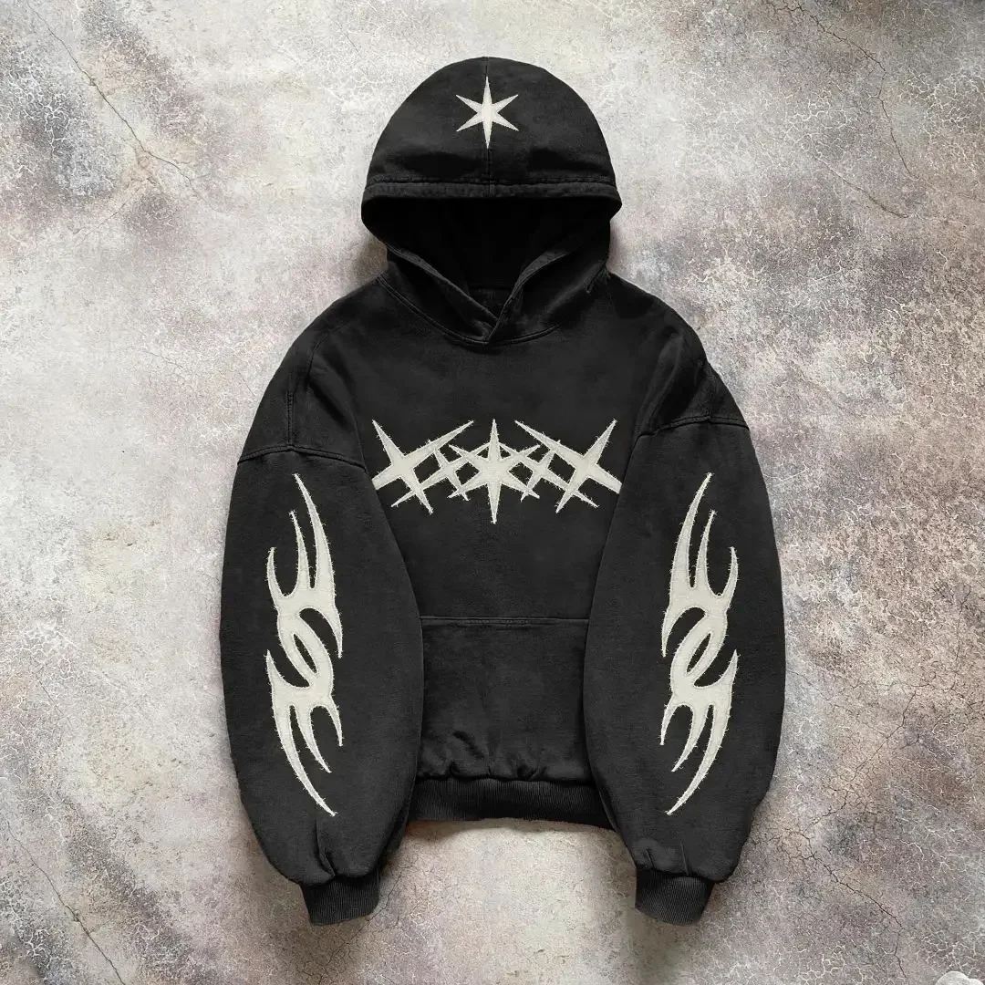 Men Punk Graphic Print Hoodie Streetwear Y2k Long Sleeve Pullover Sweatshirt Gothic Street Style Everyday Casual Fashion Top