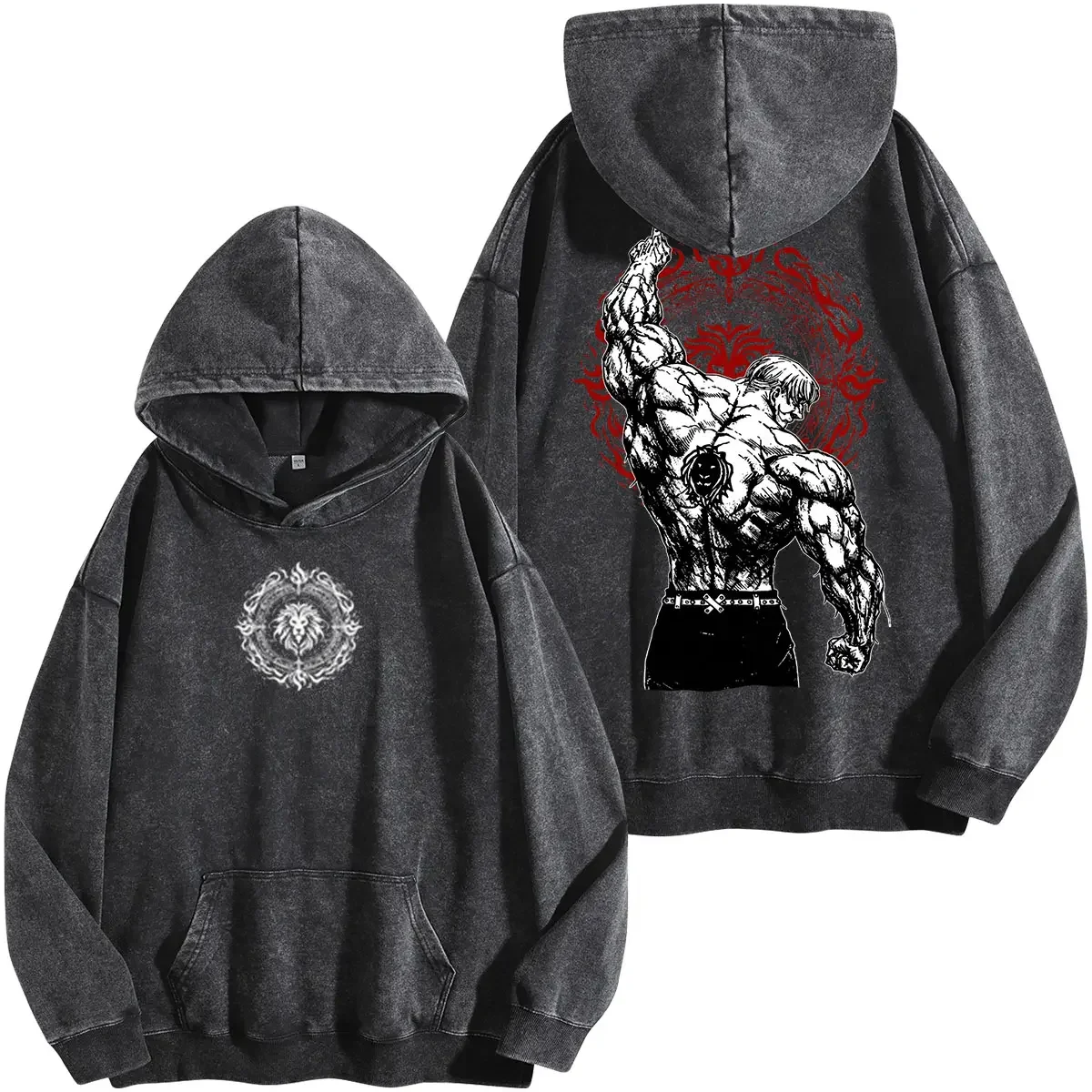 Anime The Seven Deadly Sins Escanor Print Hooded Men Women Hoodies Vintage Washed Sweatshirt Cotton Pullover Casual Streetwear