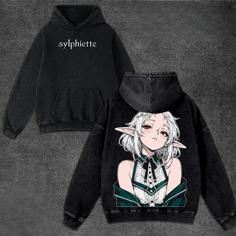 Mushoku Tensei Sylphiette Anime Printed Hooded Men Women Washed Cotton Hoodies Vintage Streetwear Casual Oversized Sweatshirt