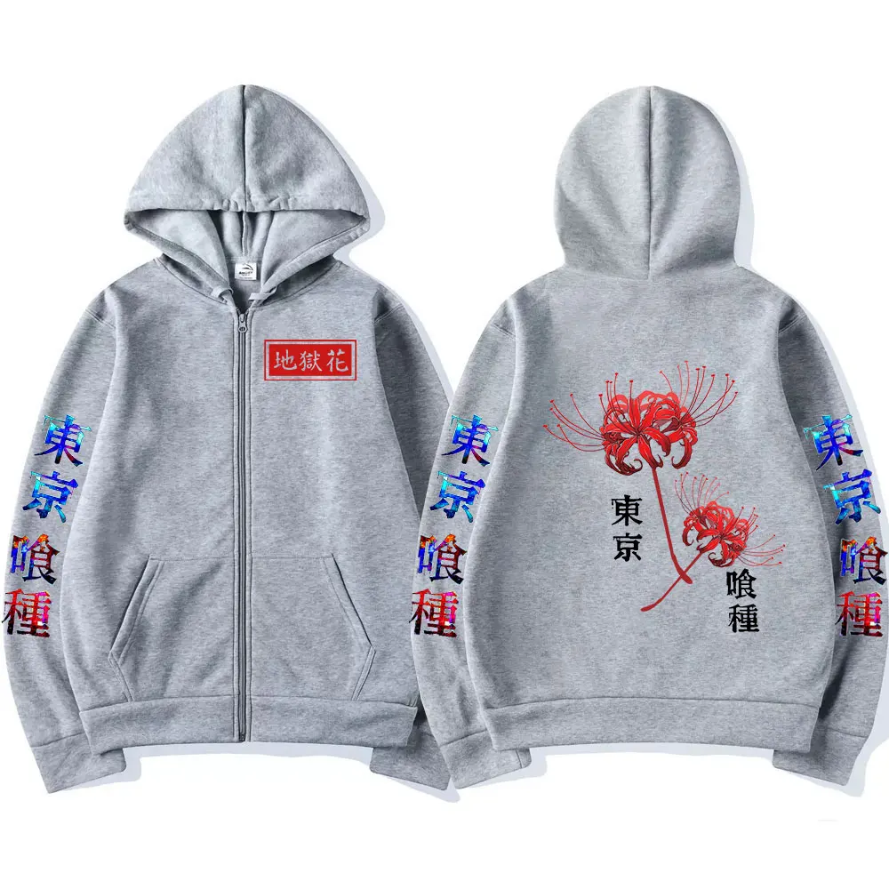 Anime Tokyo Ghoul Spider Lily Zipper Hoodie Kanekiken Manga Graphic Print Hooded Zip Up Sweatshirts Oversize Men's Jackets Coats