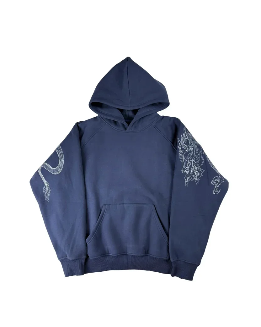 Men Dragon Embroidered Hoodie Sukajan Japanese Style Fleece Lined Pullover Hooded Loose Sweatshirt Casual Streetwear Tops New