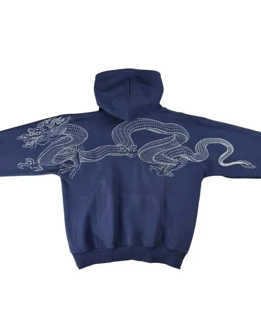 Men Dragon Embroidered Hoodie Sukajan Japanese Style Fleece Lined Pullover Hooded Loose Sweatshirt Casual Streetwear Tops New