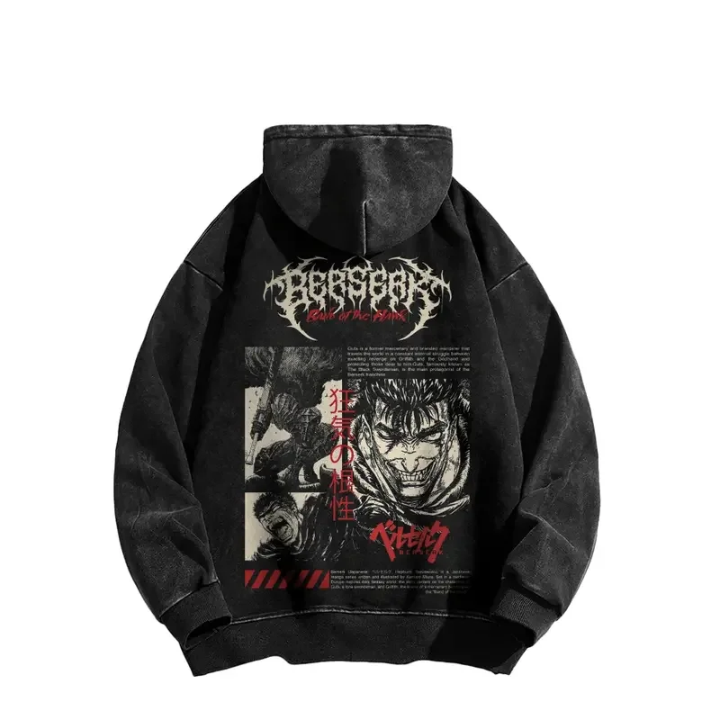 Guts Graphic Hooded Berserk Anime Streetwear Men Women Oversized Hoodies Washed Cotton Pullover Vintage Street Casual Sweatshirt