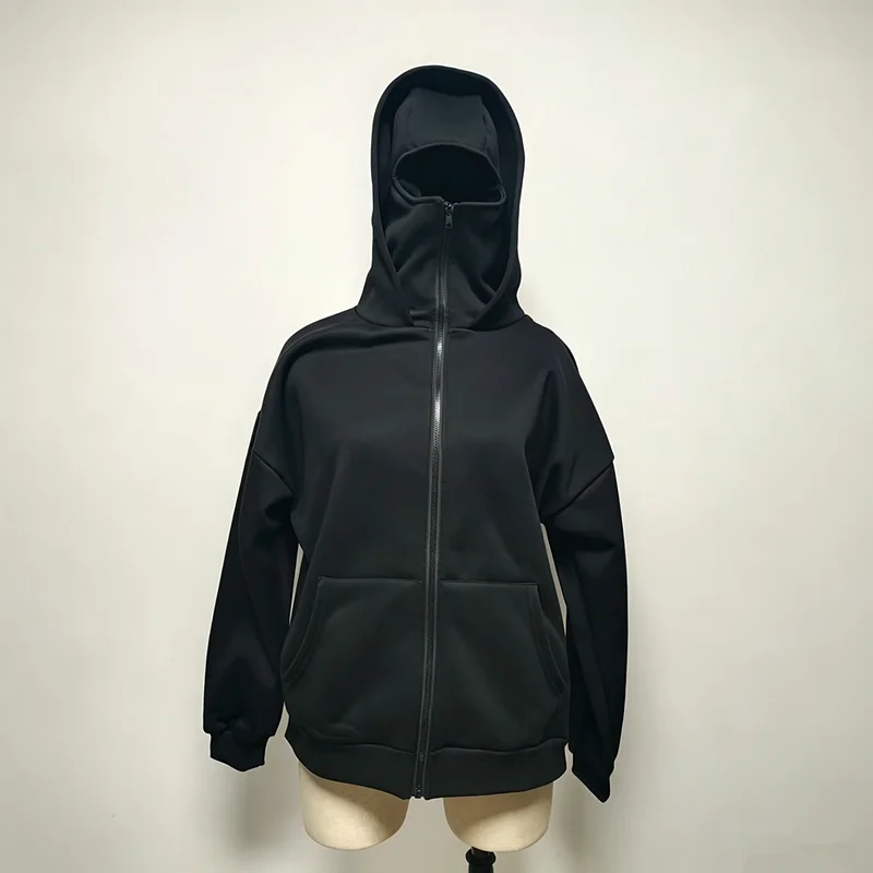 Men Women Winter Fleece Lined Zip Up Hoodie Balaclava Double‑Hood Oversized Face‑Cover Hooded Jacket Streetwear Unisex Outerwear