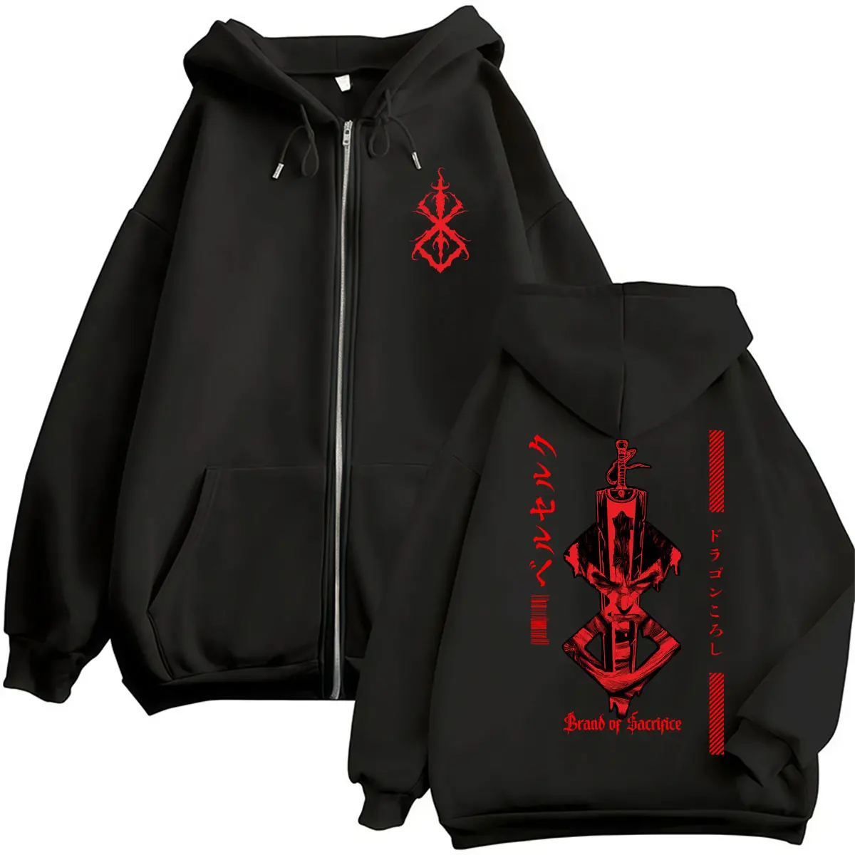 Japanese Anime Berserk Graphic Zip Up Hoodie Men Women Harajuku Manga Gothic Cool Sweatshirt Fleece Oversized Coats Streetwear