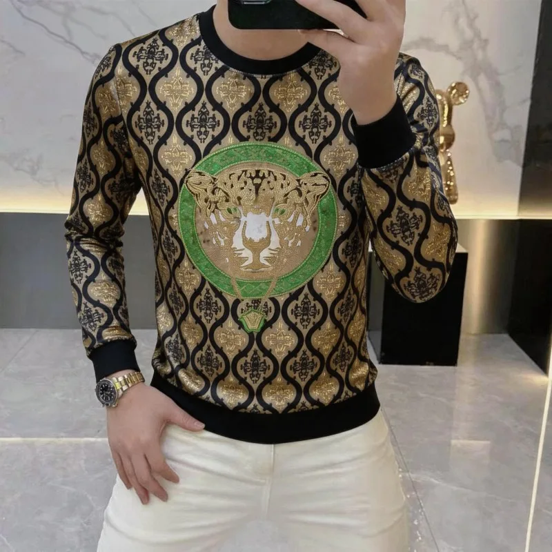 Autumn Long Sleeved Velvet Long Sleeved Casual T-shirt Men Sweatshirt Heavy Industry Sequin Social Harajuku Sweatshirt Pullover