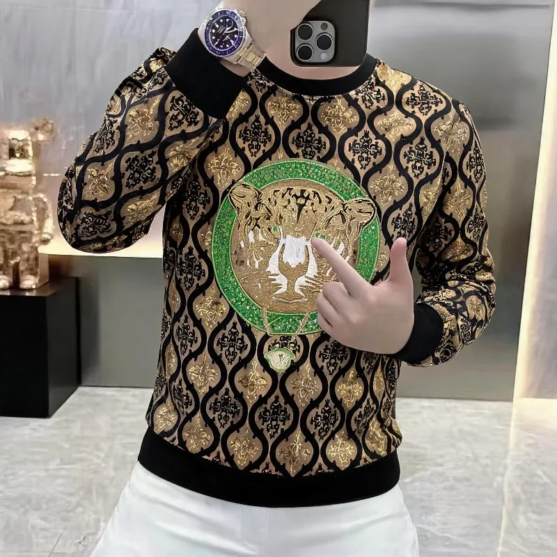 Autumn Long Sleeved Velvet Long Sleeved Casual T-shirt Men Sweatshirt Heavy Industry Sequin Social Harajuku Sweatshirt Pullover