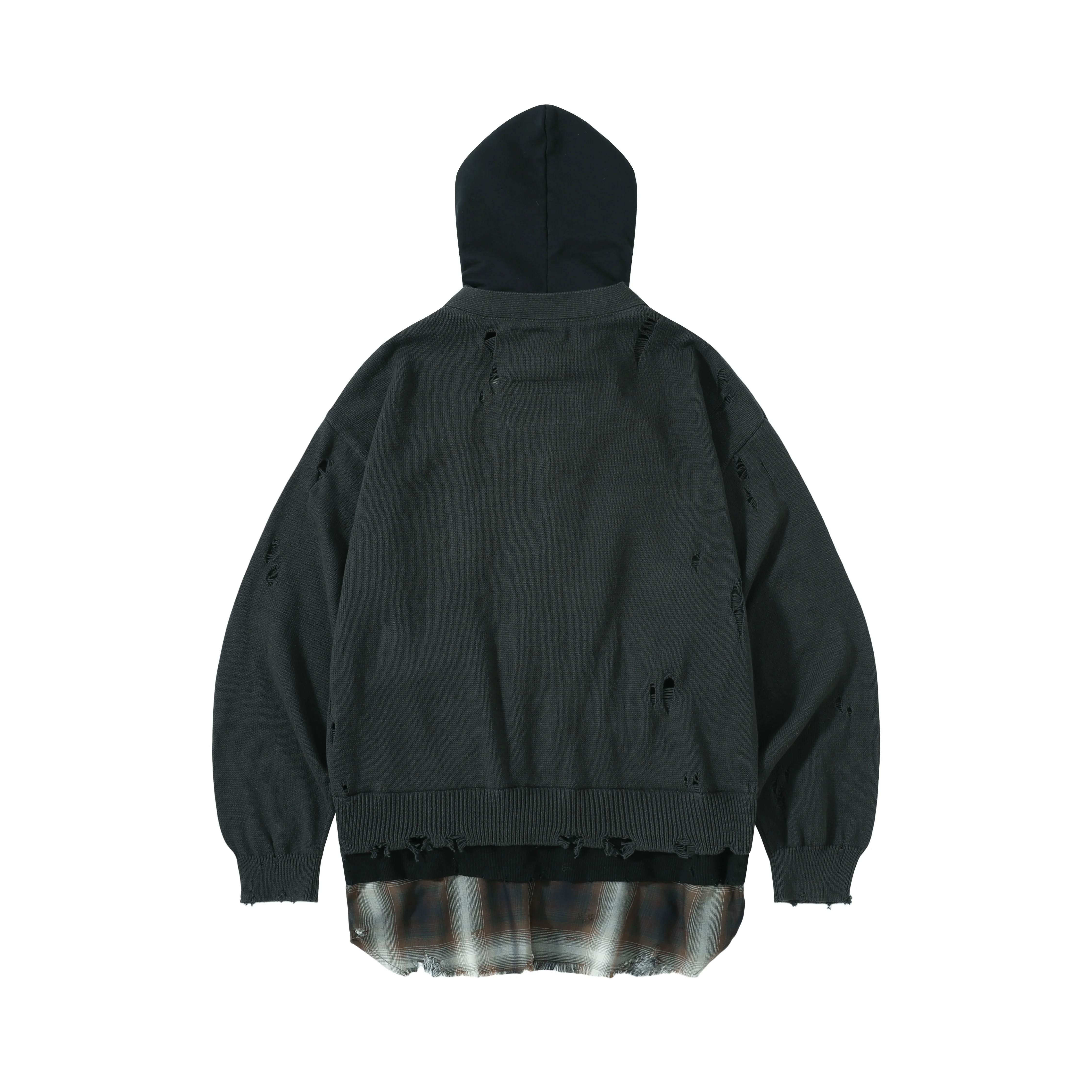 Vintage Washed Fake Three Piece Hooded Knit Cardigan For Men Ripped Destroyed Plaid Splice Layered Street Style Jacket