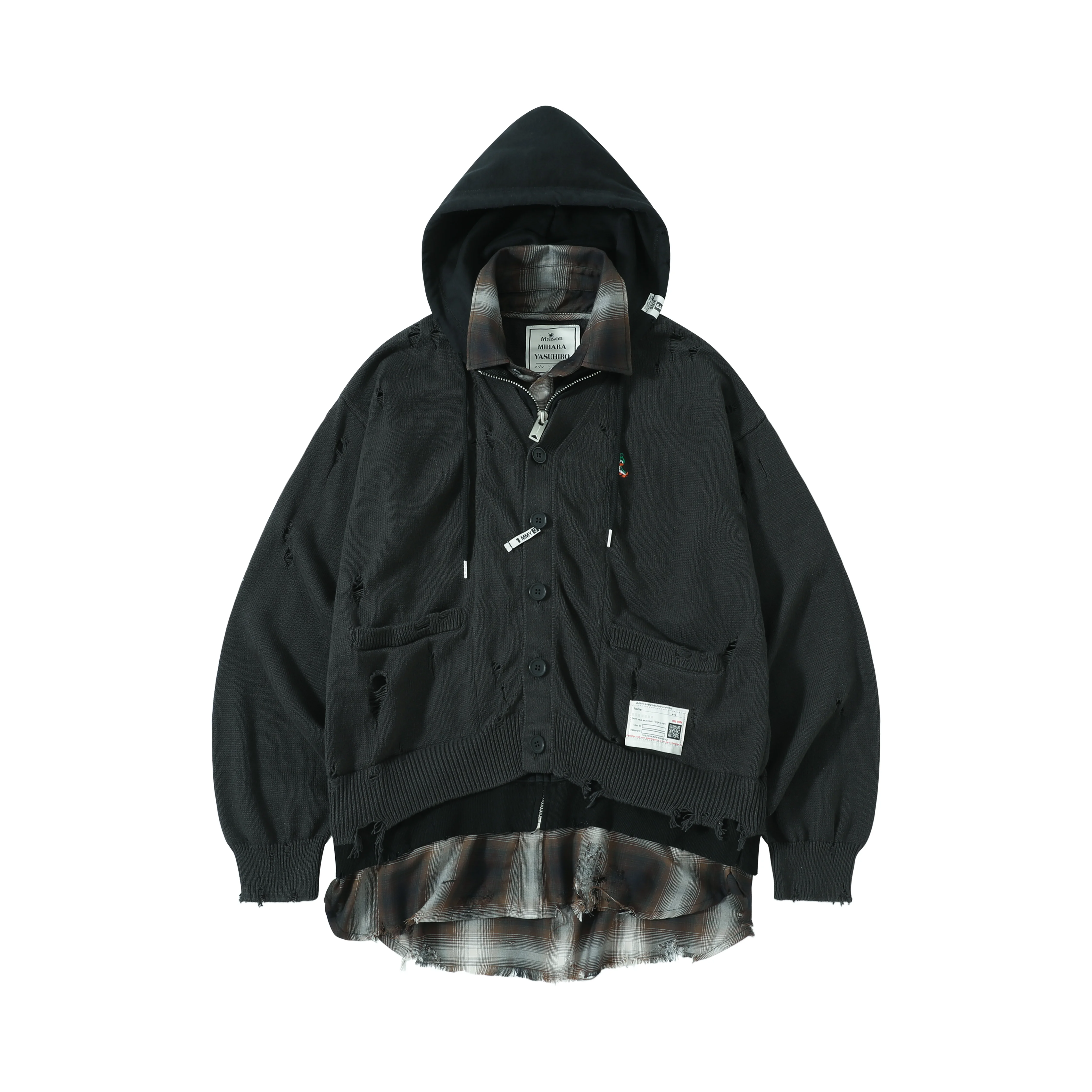 Vintage Washed Fake Three Piece Hooded Knit Cardigan For Men Ripped Destroyed Plaid Splice Layered Street Style Jacket