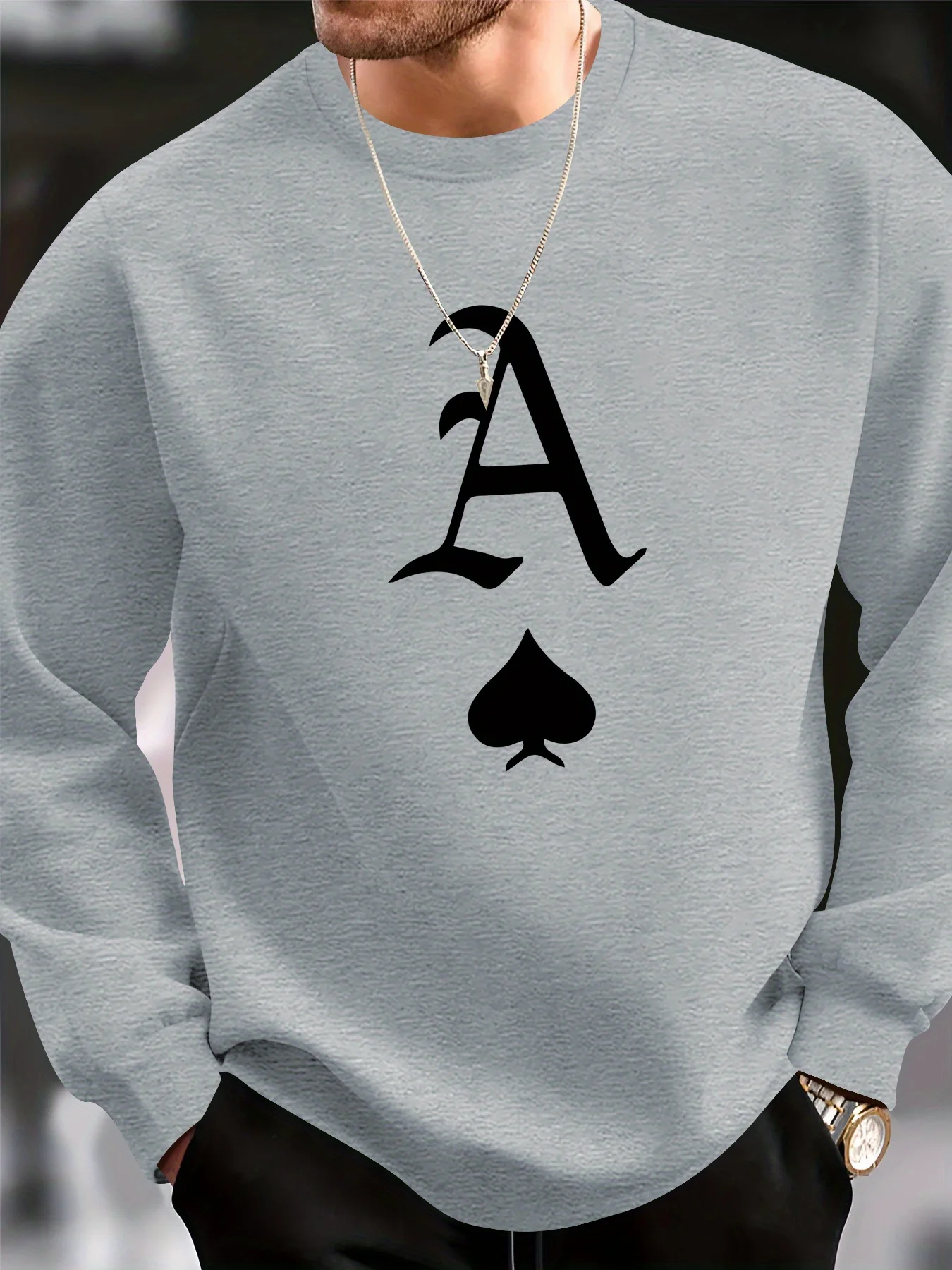 Men's Autumn and Winter Fashionable Casual Loose Poker Card A Print Fleece Pullover Long Sleeved Round Neck Sweatshirt