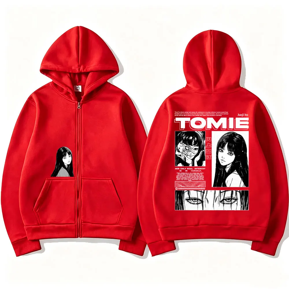 Anime Tomie Junji Ito Zipper Hoodie Men Women Fleece Manga Cosplay Zip Up Jacket Unisex Horror Gothic Harajuku Zip Up Sweatshirt