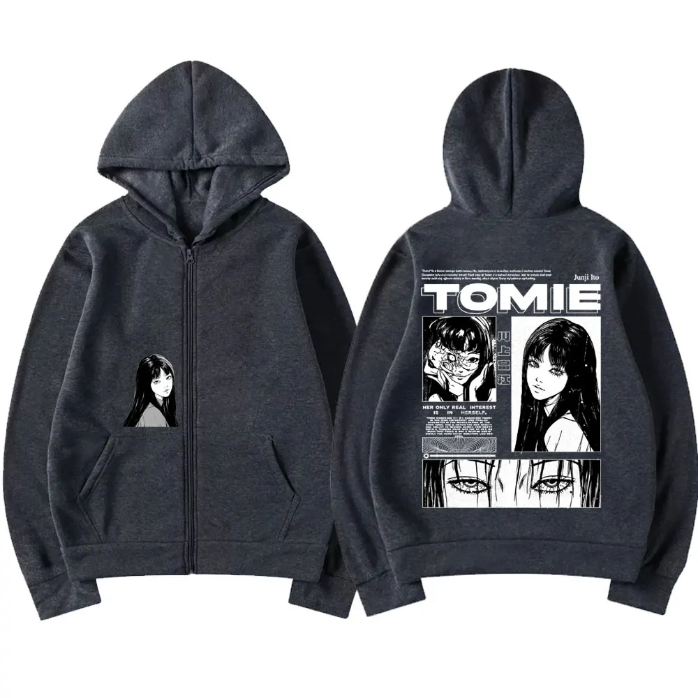 Anime Tomie Junji Ito Zipper Hoodie Men Women Fleece Manga Cosplay Zip Up Jacket Unisex Horror Gothic Harajuku Zip Up Sweatshirt