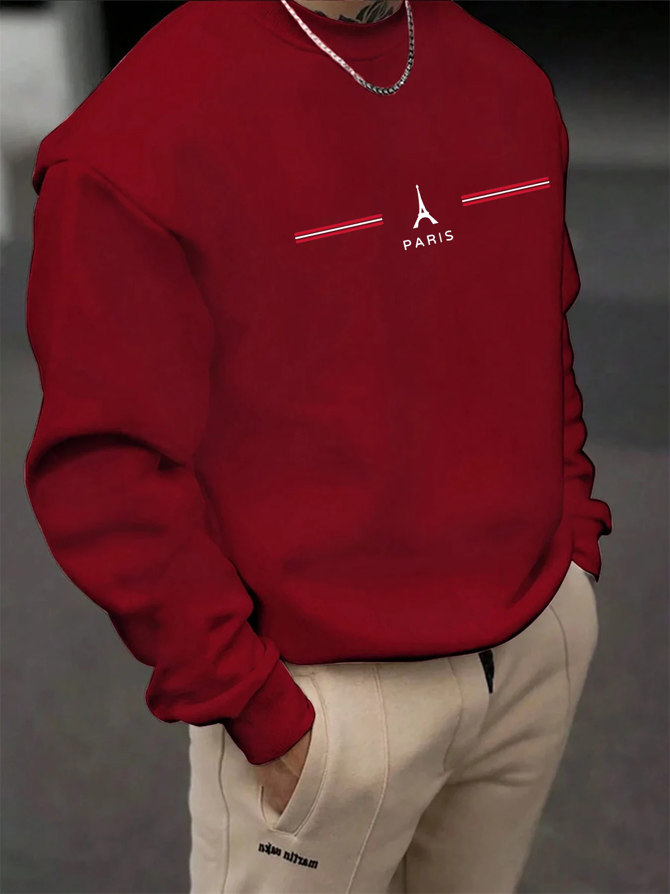 Men's Autumn and Winter Fashionable Casual Loose Paris Letter Pattern Printed Long Sleeved Round Neck Sweatshirt
