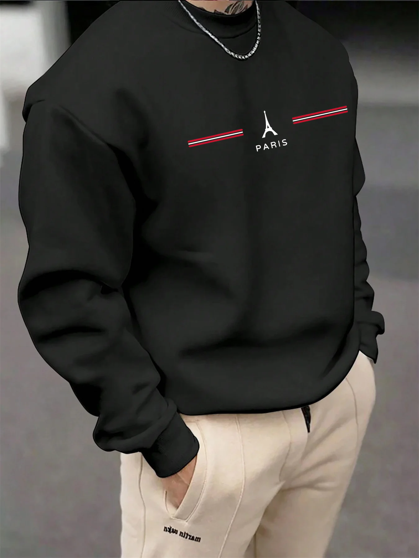 Men's Autumn and Winter Fashionable Casual Loose Paris Letter Pattern Printed Long Sleeved Round Neck Sweatshirt